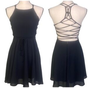 LULU’S “Good Deeds Black Lace-Up Dress” lightweight Georgette fabric. Small. EUC